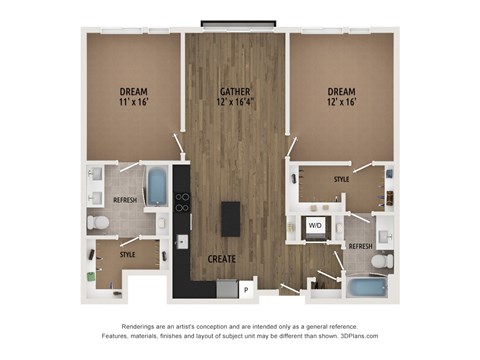 Floor plan for 2 beds, 2 baths, 1165 sqft